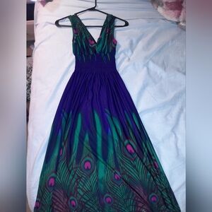 Elegant Royal Blue Maxi Dress With Peacock Design